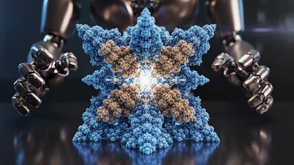 Robotic hands are carefully holding and activating a transparent, luminous blue cube, symbolizing advanced data processing, emerging technology, and artificial intelligence innovation - Powered by Adobe