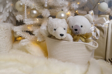 Cozy Christmas Decor with Teddy Bears and White Tree