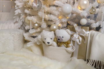 Cozy Christmas Decor with Teddy Bears and White Tree