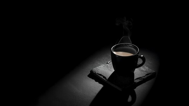 stylish black cup with coffee on black stone with beautiful stage lighting