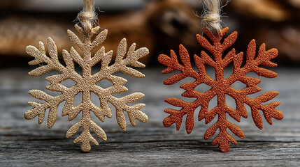handmade crochet snowflake ornaments in beige and red