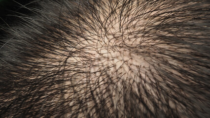 A close up or macro view of human scalp and hair.