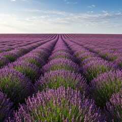 Fototapeta premium Vast purple field of blooming lavender flowers under the warm summer sun, stretching toward the distant horizon under a bright sky ,scenic ,wide ,plant