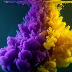 Obraz premium Vibrant purple and yellow ink expanding rapidly in clear water creating a dramatic abstract underwater cloud formation with smooth flowing movement ,bright ,smoke ,dramatic