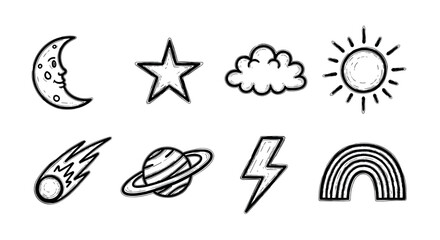 Hand-drawn black outline icons featuring celestial elements including a moon, star, sun, planet, comet, lightning bolt, cloud, and rainbow.