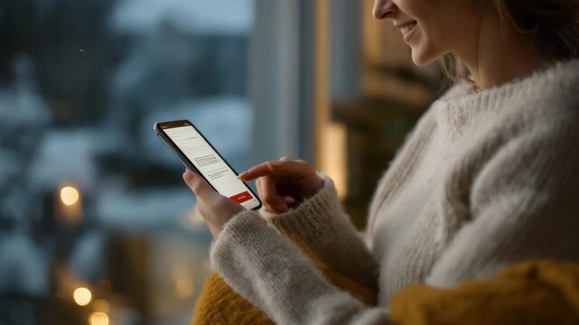 Person holding smartphone app controlling energy-efficient system while looking through frosted window &mdash; representing convenience, connectivity, and the harmony between tech and winter coziness.