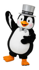 Cute Penguin Mascot Wearing a Silver Happy New Year Top Hat Celebrating Festivities