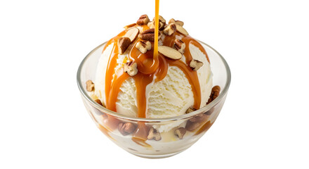 Spoon filled with vanilla ice cream melting and dripping on white background, macro shot.