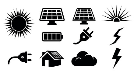 Black silhouette icons depicting solar energy concepts, including solar panels, sun symbols, electrical plugs, and a house with a solar panel roof.