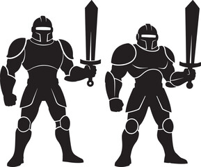 Obraz premium Two medieval knights in full armor holding swords silhouette