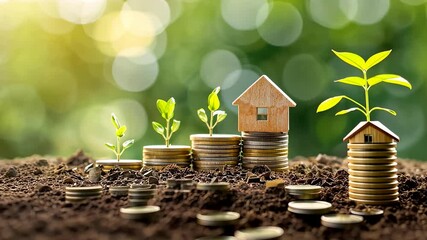 Coin Stacks with Growing Plants and Small House on Soil in Sunny Green Nature Background - Powered by Adobe