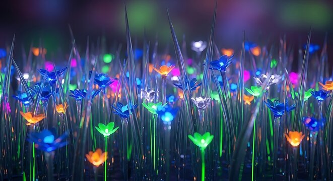 Glowing neon flowers in a vibrant artificial garden. futuristic nature concept. - Powered by Adobe