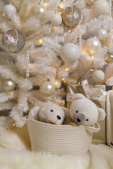 Cozy Christmas Decor with Teddy Bears and White Tree