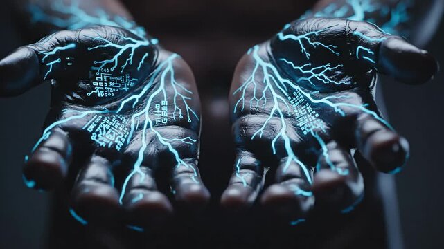 Human hands displaying intricate glowing blue digital circuits and energy patterns, symbolizing the integration of technology with biology, artificial intelligence, and futuristic power