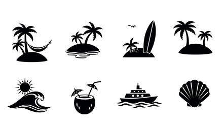 Fototapeta premium Black silhouettes of tropical islands, waves, coconut drink, yacht, and seashell, conveying a summer beach vacation theme.