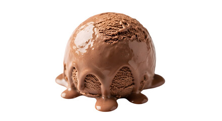melting chocolate ice cream scoop with drips forming on a white background