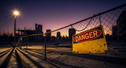 Urban scene with a yellow danger sign hanging on a fence, construction in the background. It represents potential hazard and caution in urban area