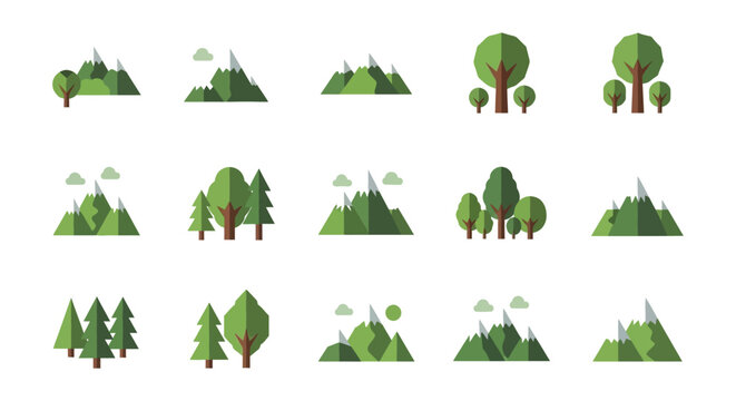 Collection of stylized geometric green trees and mountains with clouds in a flat design style