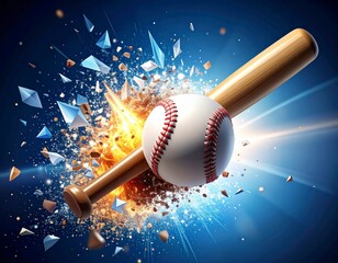 Dynamic Baseball Impact Explosion with Bat and Shattering Debris on a Vivid Blue Background