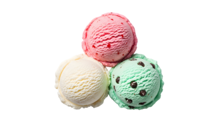 Three colorful scoops of strawberry, vanilla, and mint ice cream arranged in a triangle on white background.