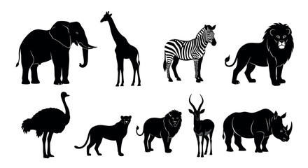 Naklejka premium Silhouettes of african safari animals including elephant, giraffe, zebra, lion, ostrich, leopard, antelope, and rhinoceros in various poses.