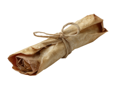 Rolled parchment tied with string isolated on white background.