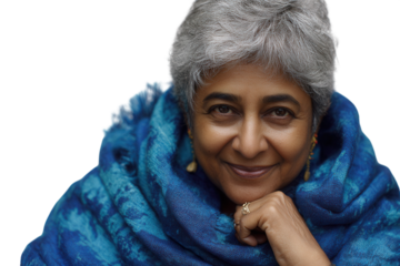 Elderly woman smiling with hand on chin isolated on background.