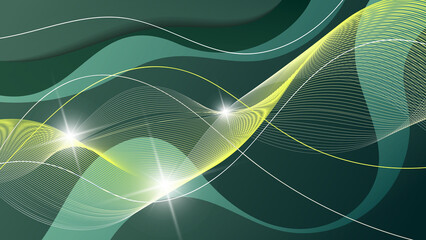 Fantastic green yellow art background with intertwining lines. A futuristic composition of chaotically intertwined lines, wavy stripes, and flowing shapes. A template for your projects. 