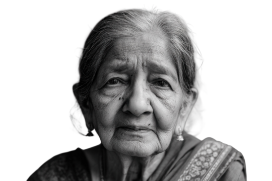 Elderly Indian woman with white hair looking hopeful on light grey background.