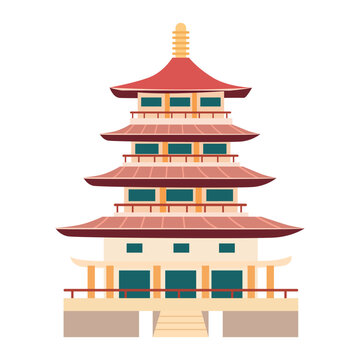 Simplified three-story traditional japanese pagoda building icon in flat vector illustration style isolated on a white background
