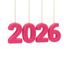Bright pink 2026 numbers suspended by strings against a stark black background