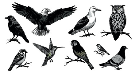 Fototapeta premium Various bird species illustrated in black and white, including an eagle, raven, seagull, owl, sparrow, hummingbird, parrot, and pigeon, each perched or in flight.