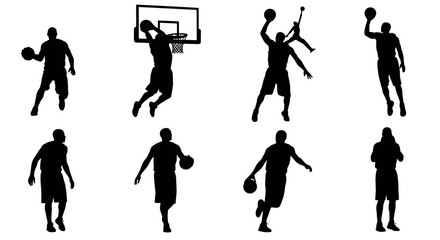 Fototapeta premium Silhouettes of male basketball players performing dynamic moves such as dunking and dribbling, captured mid-action in various athletic poses.