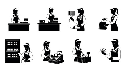 Five female and two male figures, all in black silhouette wearing uniforms, perform various roles in a retail store, from cashiering to customer service.