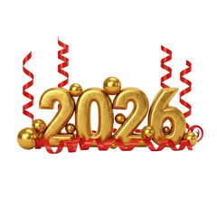 Golden balloons forming the year 2026 surrounded by red confetti and ribbons