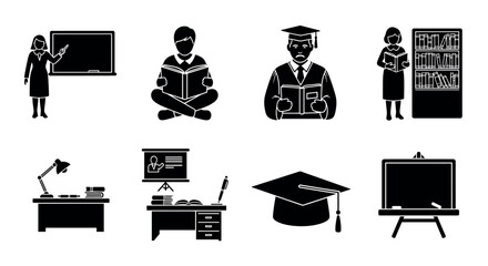 Silhouette icons featuring people studying and teaching, including a female teacher, male student, and graduate, alongside educational tools and classroom settings.