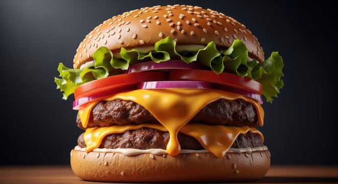 Juicy double cheeseburger with fresh lettuce tomato and red onion on a sesame seed bun