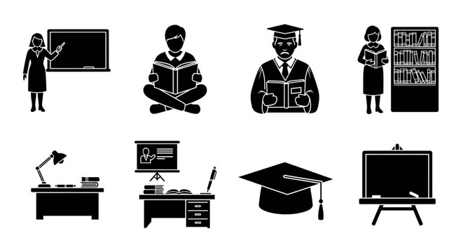 Silhouette icons featuring people studying and teaching, including a female teacher, male student, and graduate, alongside educational tools and classroom settings.