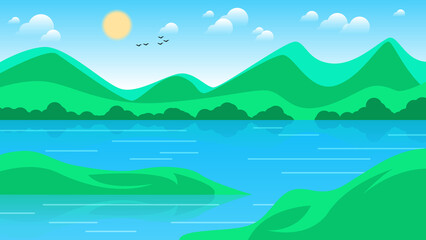 Nice summer natural landscape. Grassy riverbanks against a backdrop of mountains, a sky with sun, clouds, and flying birds.