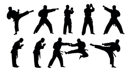 Obraz premium Silhouettes of male karate fighters in various martial arts poses, each demonstrating kicks, punches, and stances in black outlines.