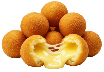 A macro close-up of golden-brown crispy fried cheese balls, one torn open revealing hot, viscous molten yellow cheese stretching, against a transparent background with copy space. Delicious food