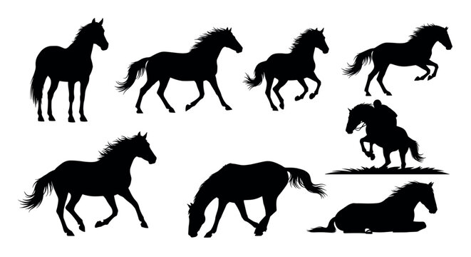 Silhouettes of horses in various poses, including standing, running, and lying down, showcasing diverse equine movements and behaviors.