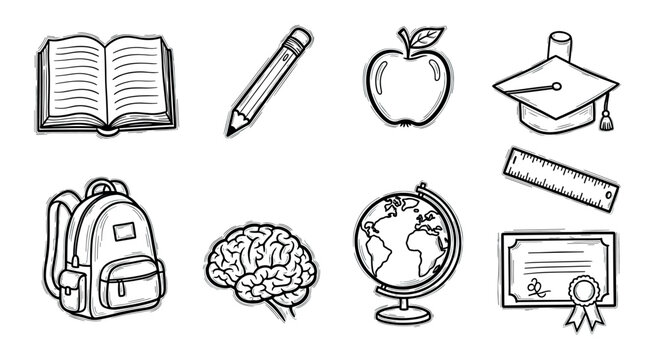 Black and white sketch-style icons depicting an open book, pencil, apple, graduation cap, backpack, brain, globe, ruler, and certificate for education themes.