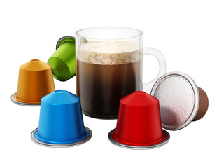 Coffee capsules and mug on transparent background. 3D illustration