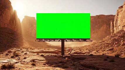 A large outdoor billboard with a bright green screen stands in a vast desert canyon landscape illuminated by warm sunlight
