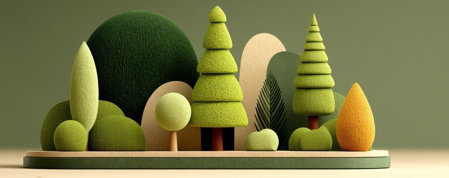 Green 3D landscape with abstract trees and rounded foliage on a wooden base