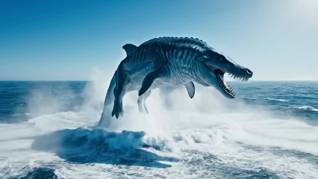 Mosasaurus, a jurassic sea creature, aggressively breaches the ocean surface, creating a powerful splash with sun rays piercing through the dynamic underwater scene