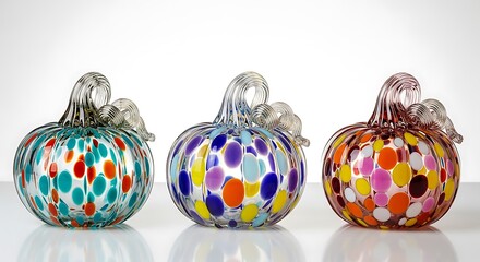 Three Blown Glass Pumpkins with Colorful Polka Dots stems swirled