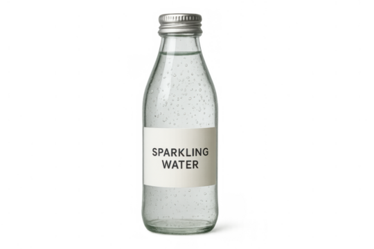 Sparkling water glass bottle with bubbles, refreshing carbonated beverage, cold drink, hydration, transparent background