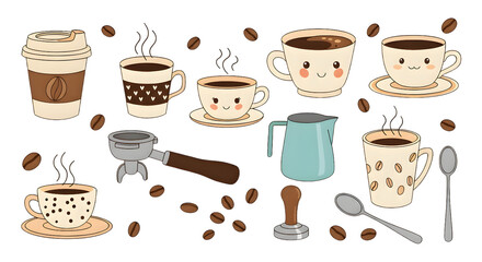 Collection of cute coffee cups, coffee beans, and barista tools